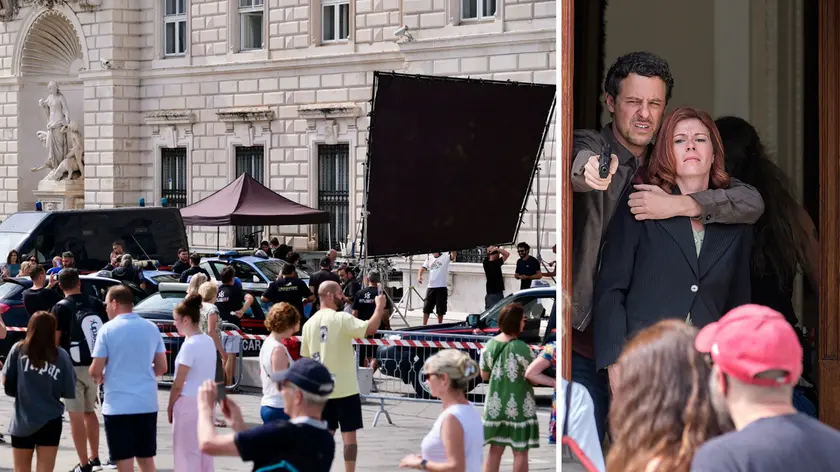 La scena del sequestro in “banca”, il palazzo della Regione, dove spunta una pistola e il set in piazza Unità (Silvano)