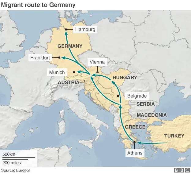 La rotta balcanica dei profughi diretti verso la Germania nelle sue ramificazioni in una mappa della Bbc