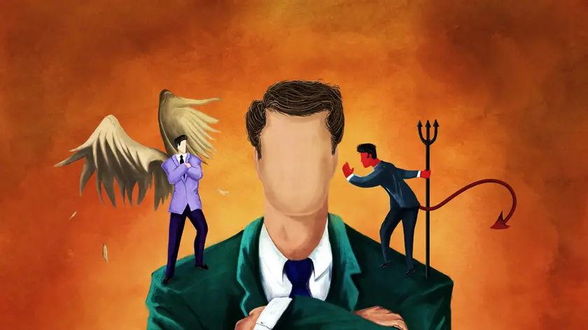 Illustrative image of businessman getting advice from an angel and a devil
