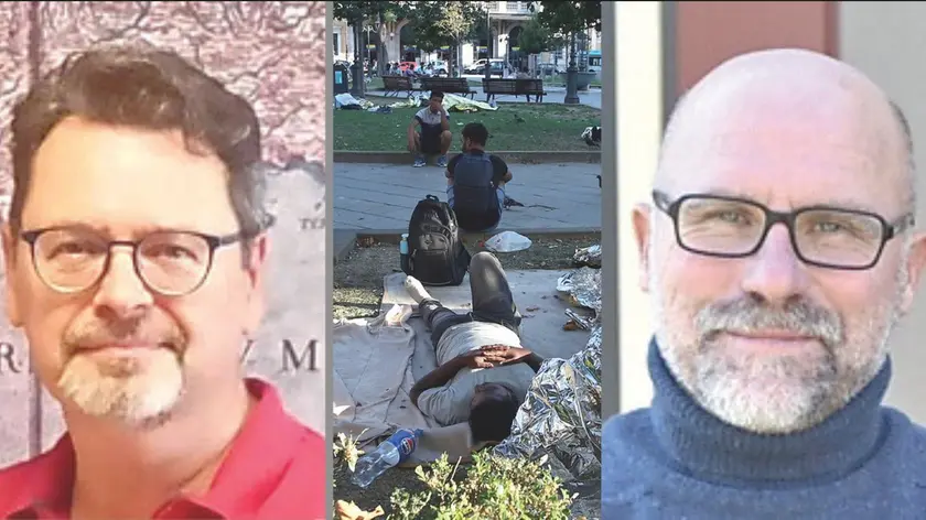 A sinistra Dragan Umek, docente di Geografia all'Università di Trieste e a destra Claudio Minca, docente di Geografia all'Università di Bologna. Nella foto centrale i migranti in piazza Libertà a Trieste