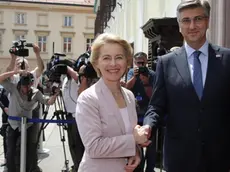 epa07748465 Croatian Prime Minister Andrej Plenkovic (R) welcomes European Commission President Ursula von der Leyen (L) during her official visit in Zagreb, Crotatia, 30 July 2019. EPA/ANTONIO BAT