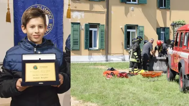 Il tredicenne Stefano Borghes e, a destra, i soccorsi sul luogo dell'incidente al parco Coronini di Gorizia