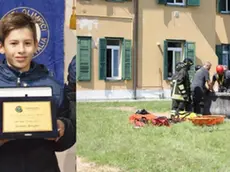Il tredicenne Stefano Borghes e, a destra, i soccorsi sul luogo dell'incidente al parco Coronini di Gorizia