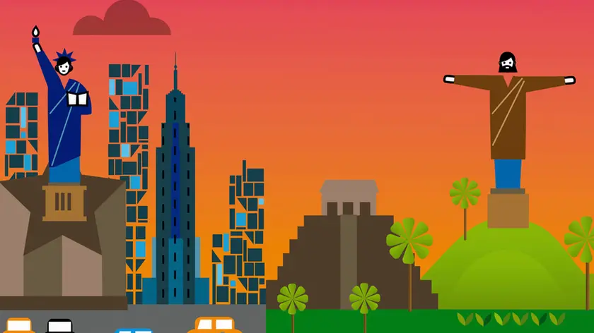 State of Liberty in New York City next to Cristo Redentor statue in Rio de Janeiro --- Image by © Luciano Lozano/Ikon Images/Corbis