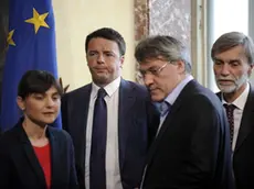 Foto Fabio Cimaglia / LaPresse.15-05-2014 Roma.Firma dell'accordo per Electrolux a Palazzo Chigi.Nella foto Matteo Renzi, Maurizio Landini, Debora Serracchiani, Graziano Delrio..Photo Fabio Cimaglia / LaPresse.15-05-2014 Rome (Italy).Signing of the agreement for Electrolux at Palazzo Chigi.In the photo Matteo Renzi, Maurizio Landini, Debora Serracchiani, Graziano Delrio