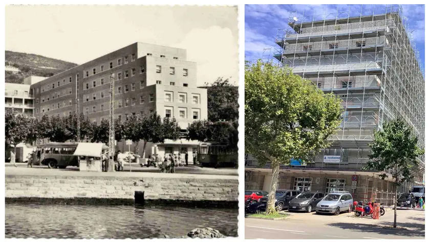 Il “Tourist Apartment Hotel”, l’Albergo Americano a Barcola, rivestito per l’efficientamento energetico del superbonus e, a sinistra, una foto d'epoca
