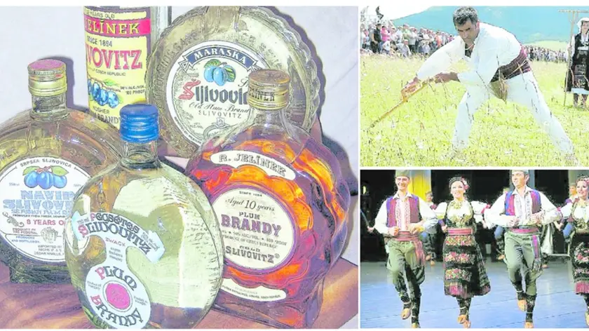 Bottiglie di sljivovica, che la Serbia vuole inserita nell’elenco Unesco. Il kolo (a destra in basso) vi è già stato incluso, così come (in alto) la gara di sfalcio bosniaca Wikipedia e unesco.org