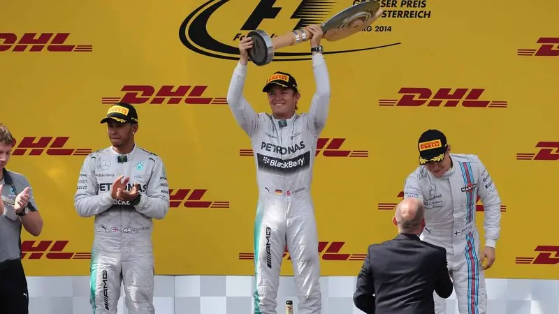 © Photo4 / LaPresse.22/06/2014 Spielberg, Austria.Sport .Grand Prix Formula One Austria 2014.In the pic: .In the pic podium: .1st position Nico Rosberg (GER), Mercedes AMG F1 W05 .2nd position Lewis Hamilton (GBR) Mercedes AMG F1 W05 .3rd position Valtteri Bottas (FIN) Williams F1 Team FW36 ..