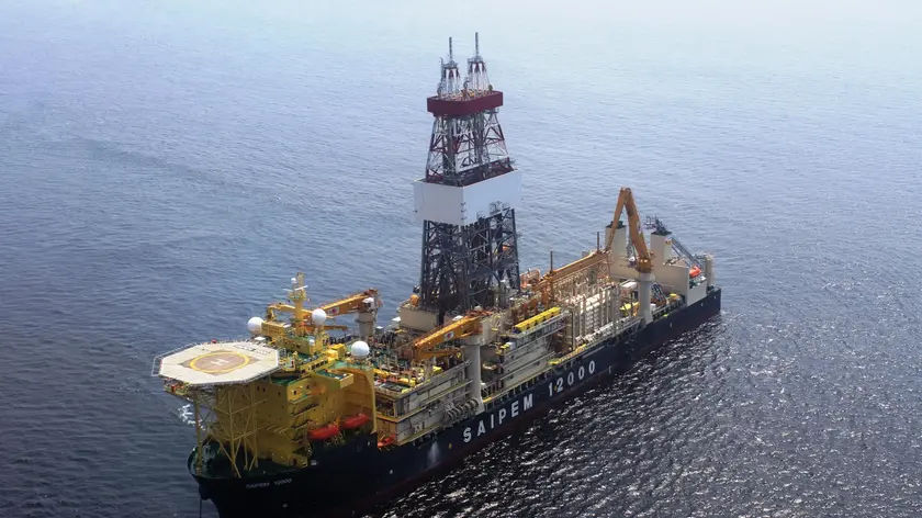 An undated photo of the the Saipem 12000 drilling floater. Turkish warships continue to impede a rig from reaching a location off Cyprus where Italian energy company Eni is scheduled to drill for gas, the Cypriot government said Monday, Feb. 12, 2018. Spokesman Nicos Christodoulides told state broadcaster RIK that the rig remains anchored about 30 miles (50 kilometers) from the drilling target off the island's southeastern coast. (Saipem via AP)