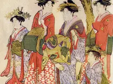 The caption for this illustration reads: Utamaro: Midorigi of Wakamatsu-ya on parade. Kitagawa Utamaro was a Japanese artist. He was considered a mast...