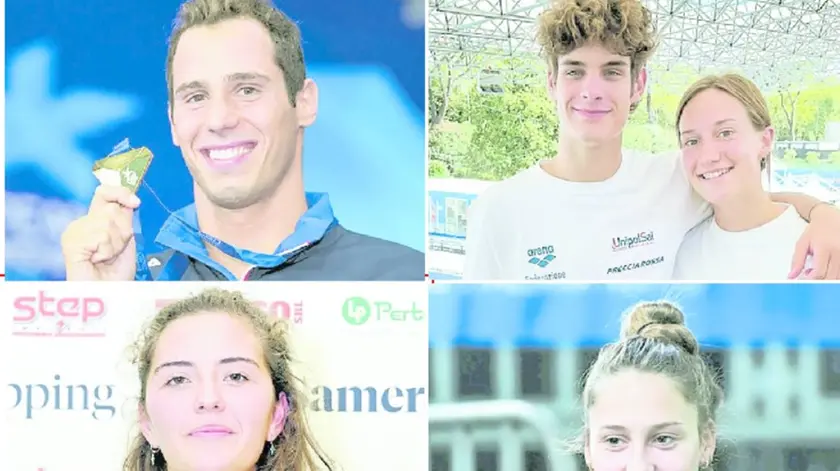 Dall’alto, in senso orario, il nuotatore Piero Codia, i tuffatori Andrea Barnaba ed Elisa Cosetti, le pallanuotiste Lucrezia Cergol e Veronica Gant