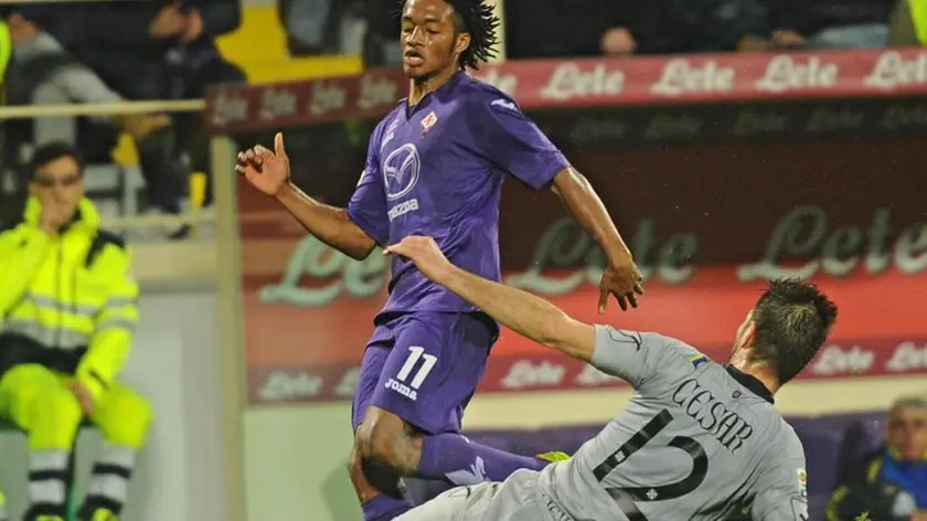 Il giocatore della Fiorentina Juan Cuadrado (s) in contrasto con il giocatore del Chievo Bostjan Cesar (d) durante il match del campionato di serie A tra Fiorentina e Chievo allo stadio Artemio Franchi di Firenze, 16 marzo 2014. ANSA/ MAURIZIO DEGL'INNOCENTI