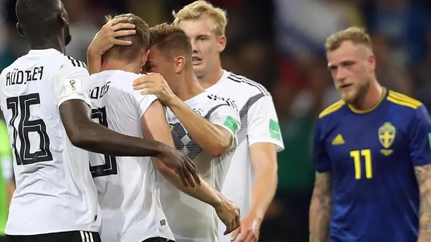 epa06834784 Players react after the FIFA World Cup 2018 group F preliminary round soccer match between Germany and Sweden in Sochi, Russia, 23 June 2018. (RESTRICTIONS APPLY: Editorial Use Only, not used in association with any commercial entity - Images must not be used in any form of alert service or push service of any kind including via mobile alert services, downloads to mobile devices or MMS messaging - Images must appear as still images and must not emulate match action video footage - No alteration is made to, and no text or image is superimposed over, any published image which: (a) intentionally obscures or removes a sponsor identification image; or (b) adds or overlays the commercial identification of any third party which is not officially associated with the FIFA World Cup) EPA/FRIEDEMANN VOGEL EDITORIAL USE ONLY EDITORIAL USE ONLY
