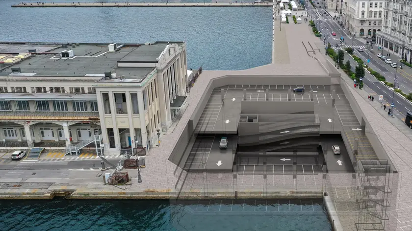 Un rendering del progetto del parcheggio interrato sulle Rive, davanti alla Stazione marittima: Interparking ne parlerà a breve con l’Autorità portuale e con Ttp