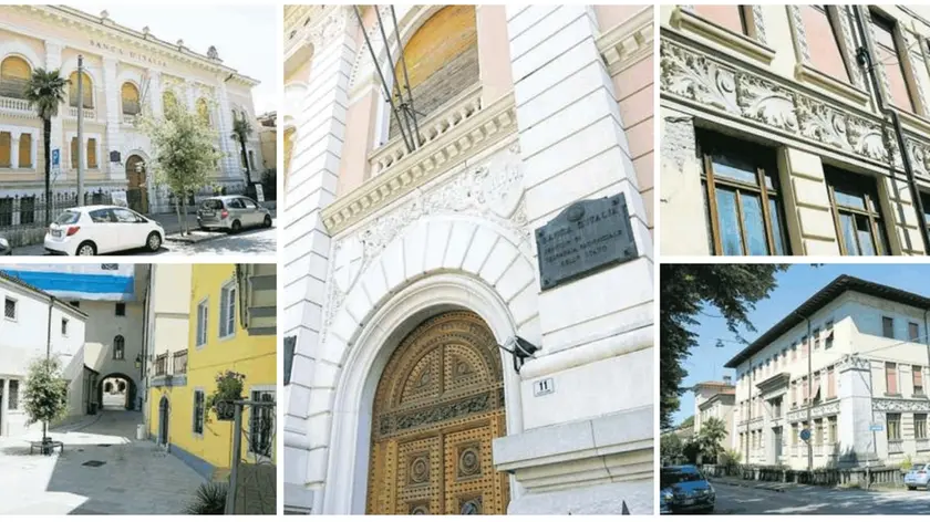La parte posteriore della Questura verso corte Sant’Ilario. In alto a sinistra e al centro, l’ex Banca d’Italia messa in vendita. A destra, due immagini dell’ex Provveditorato che si trova in via Leopardi Fotoservizio Marega