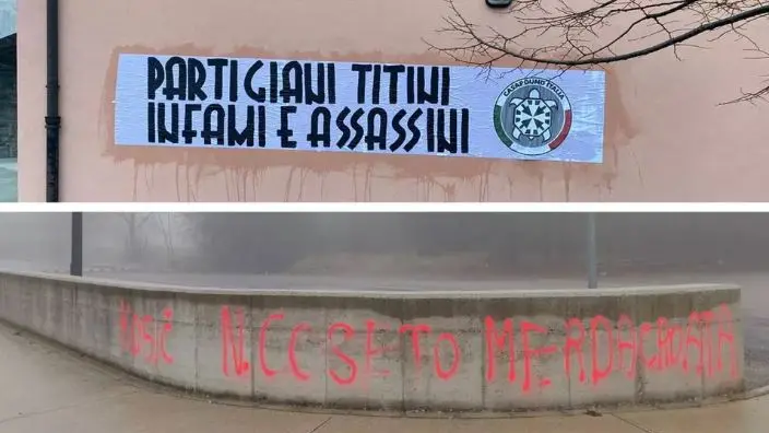 In alto lo striscione di CasaPound affisso sulla parete della Casa della cultura slovena a Opicina. Cartelloni simili sono comparsi in tutta Italia. Sotto la scritta a Basovizza che offende Norma Cossetto. Foto Lasorte