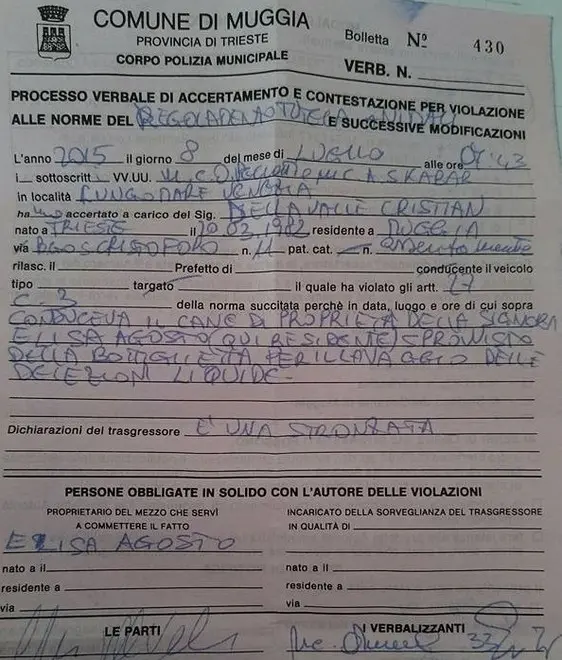 Il verbale dei vigili con la “dichiarazione" del proprietario del cane: «È una stronzata»