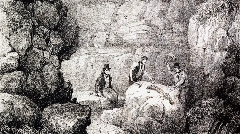 "Strata of Tilgate Forest in Surrey" showing Gideon Mantell (seated) while two workmen excavate a partly exposed fossil (spine of Iguanodon?). The strata are labelled as: 1 Loam, 2 Sand and soft Sandstone, 3 Calciferous sandstone (fossil bearing), 4 Blue Clay or Marl. Drawn by F. Pollard, lithographed by P. Gauci, printed by Graf & Soret. From 'The Geology of the South East of England' by Gideon Mantell, 1833, published by Longman, Rees, Orme and Brown of Paternoster Row. Gideon Mantell made some of the world's first dinosaur discoveries here, including Iguanodon (1822) and Hylaeosaurus (1833). Quarry men would often keep specimens they found in the course of their work for his later inspection. Many of Mantell's Tilgate specimens were vital in Richard Owen's recognition and naming of the group Dinosauria.