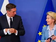 epa09246724 Slovenia's President Borut Pahor, left, talks to European Commission President Ursula von der Leyen as they pose for the media prior their meeting at the European Commission headquarters in Brussels, Belgium, 04 June 2021. EPA/Francisco Seco / POOL POOL PHOTO