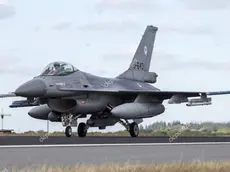 SCHLESWIG-JAGEL, GERMANY - JUN 23, 2014: Royal Netherlands Air Force F-16 fighter jet plane during the NATO Tiger Meet at Schleswig-Jagel airbase.