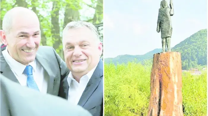 Janez Jansa con Viktor Orbán; la scultura in bronzo di Melania Trump collocata a Sevnica