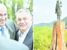 Janez Jansa con Viktor Orbán; la scultura in bronzo di Melania Trump collocata a Sevnica