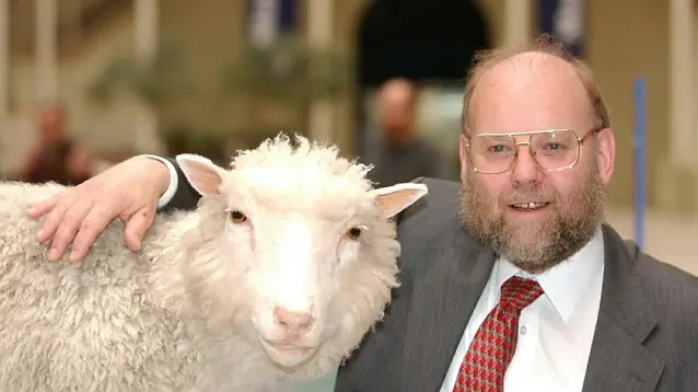 La pecora Dolly con lo scienziato Ian Wilmut, il suo "papà"