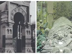 A sinistra, la tomba Morpurgo, su progetto di Carlo Maciacchini, realizzazione Ivan Rendic. A destra, la tomba Arnstein, dello scultore Gianni Marin, 1907