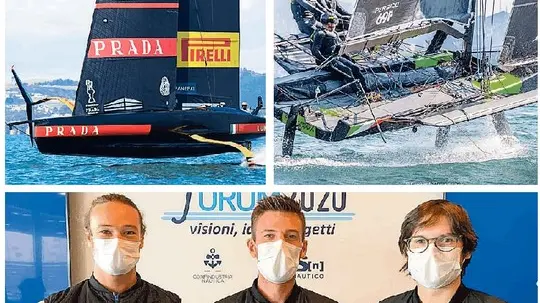 In alto da sinistra Luna Rossa, a destra un foiler, qui sopra da sinistra Paoletti, Bignolini e Paduano