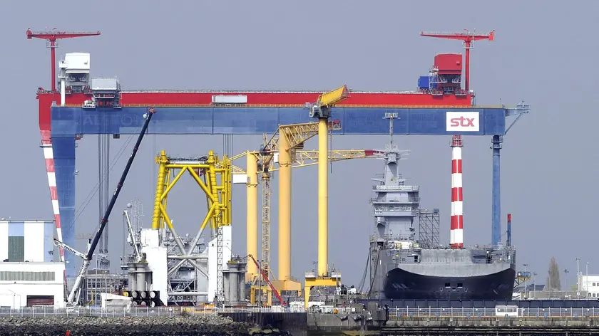 (FILE) - A picture dated 19 March 2014 and reissued 27 July 2017 showing a Mistral class LHD amphibious vessel at the STX France shipyard in Saint-Nazaire, north-western France. According to media reports on 27 July 2017, France threats to nationalize STX shipyard if Italy refuses to slipt equally the capital of STX. ANSA/FRANCK DUBRAY FRANCE OUT