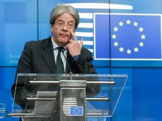 EU commissioner for Economy Paolo Gentiloni gives a press conference after a virtual Eurogroup meeting at the European Council in Brussels, Belgium, 15 February 2021. ANSA/STEPHANIE LECOCQ / POOL