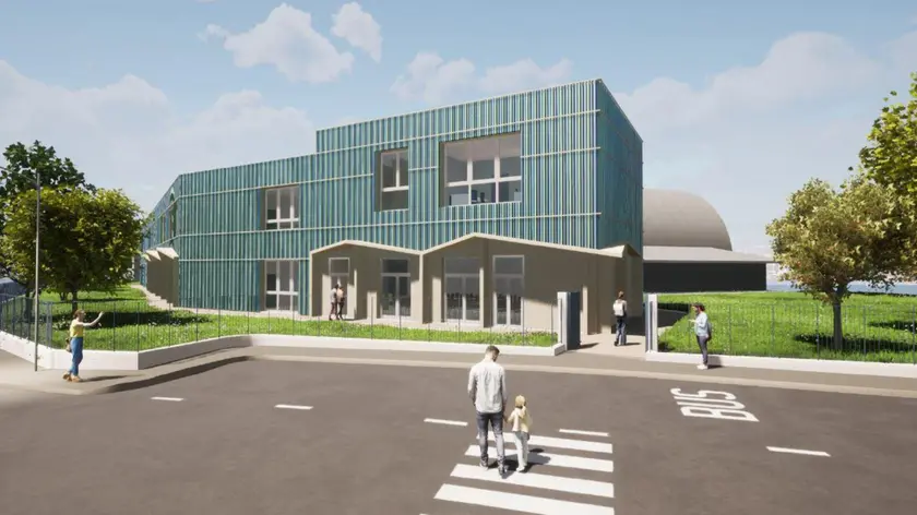 Il rendering che prefigura come sarà la nuova scuola media al termine dell’intervento di riqualificazion
