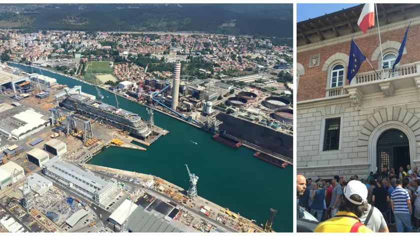A sinistra una veduta dello stabilimento di Panzano (foto Pegàn) a destra la protesta degli operai a Monfalcone