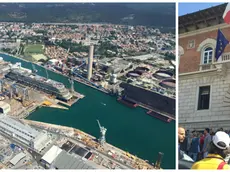 A sinistra una veduta dello stabilimento di Panzano (foto Pegàn) a destra la protesta degli operai a Monfalcone