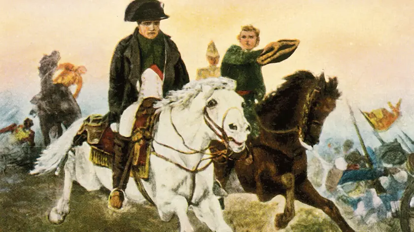Napoleon on the retreat from Waterloo, 18 June 1815, (1936). 'Napoleon Auf Der Flucht Bei Waterloo, 18 Juni 1815'. The Battle of Waterloo (in Belgium), in which French Emperor Napoleon I (1769-1821) was defeated by the British and Prussians, marked the end of his reign and of France's domination in Europe. From "Bilder Deutscher Geschichte", (Pictures of German History), No.12, cigarette card album. [Cigaretten-Bilderdienst, Altona-Bahrenfeld, Hamburg, Germany, 1936]