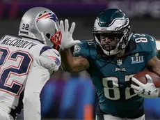 Torrey Smith dei Philadelphia Eagles e Devin McCourty dei New England Patriots al Super Bowl â€“ Minneapolis, 4 febbraio 2018.(AP Photo/Chris O'Meara)