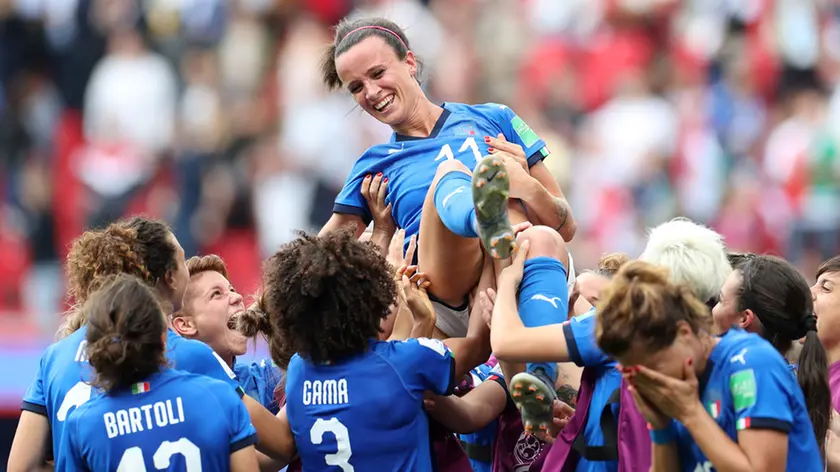 9 June 2019, Valenciennes - Women's World Cup, France 2019 - Australia v Italy - Italy lift Barbara Bonansea in the air as they celebrate her injury time winning goal after the final whistle - Photo: Charlotte Wilson / Offside.