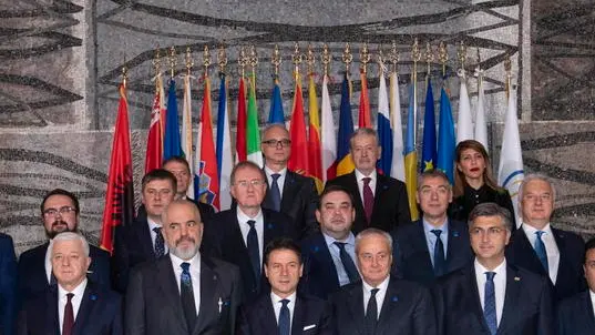 epa08081485 Italy's Prime Minister Giuseppe Conte (C) poses for a family photo with heads of government and state of CEI member states during the Central European Initiative (CEI) Summit at Farnesina Palace in Rome, Italy, 19 December 2019. In picture (front row, from L) are seen Italian Deputy Minister of Foreign Affairs and International Cooperation Marina Sereni, Serbia's Prime Minister Ana Brnabic, Montenegro's Prime Minister Dusko Markovic, Albania's Prime Minister Edi Rama, Italian Premier Conte, CEI Secretary General Roberto Antonione, Croatia's Prime Minister Andrej Plenkovic and North Macedonia's Prime Minister Zoran Zaev. EPA/CLAUDIO PERI