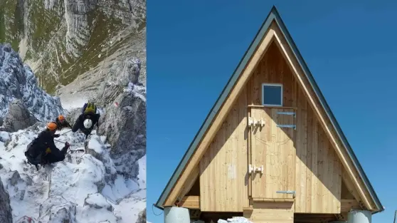 Un'operazione di soccorso alpino e, a destra, il rifugio Vuerich