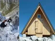 Un'operazione di soccorso alpino e, a destra, il rifugio Vuerich