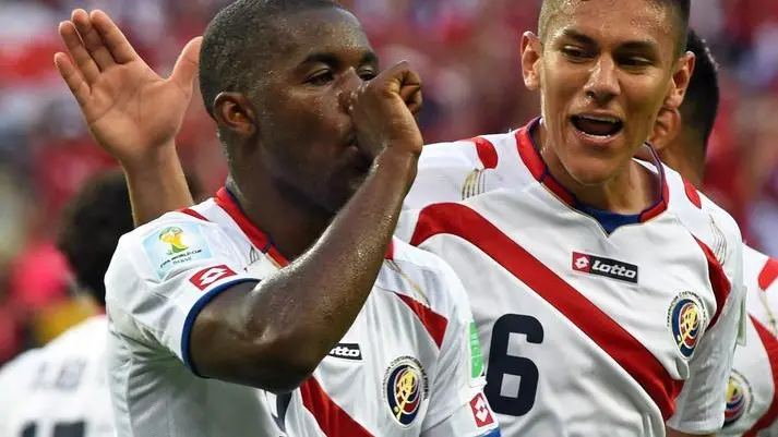 epa04257193 epa04257182 Costa Rica's Joel Campbell (C) celebrates his 1-1 goal with teammate Oscar Duarte (R) during the FIFA World Cup 2014 group D preliminary round match between Uruguay and Costa Rica at the Estadio Castelao in Fortaleza, Brazil, 14 June 2014. (RESTRICTIONS APPLY: Editorial Use Only, not used in association with any commercial entity - Images must not be used in any form of alert service or push service of any kind including via mobile alert services, downloads to mobile devices or MMS messaging - Images must appear as still images and must not emulate match action video footage - No alteration is made to, and no text or image is superimposed over, any published image which: (a) intentionally obscures or removes a sponsor identification image; or (b) adds or overlays the commercial identification of any third party which is not officially associated with the FIFA World Cup) EPA/GEORGI LICOVSKI EDITORIAL USE ONLY EPA/GEORGI LICOVSKI EDITORIAL USE ONLY EDITORIAL USE ONLY