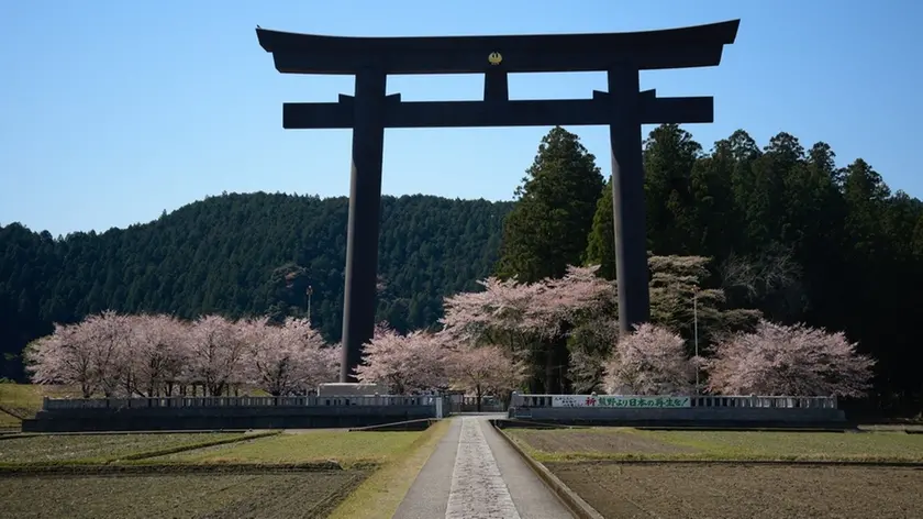 Il santuario Hongu Taisha, in Giappone, con la gigantesca porta del complesso: con i suoi 33 metri è la più alta del Paese