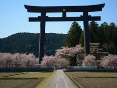 Il santuario Hongu Taisha, in Giappone, con la gigantesca porta del complesso: con i suoi 33 metri è la più alta del Paese