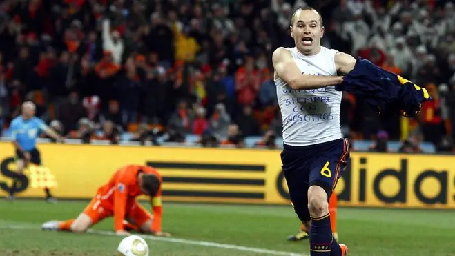 Spain's Andres Iniesta celebrates after scoring the 1-0 lead during the FIFA World Cup 2010 Final match between the Netherlands and Spain at the Soccer City stadium outside Johannesburg, South Africa, 11 July 2010. ANSA/KERIM OKTEN