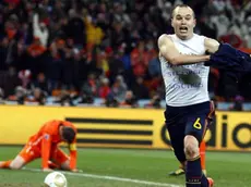 Spain's Andres Iniesta celebrates after scoring the 1-0 lead during the FIFA World Cup 2010 Final match between the Netherlands and Spain at the Soccer City stadium outside Johannesburg, South Africa, 11 July 2010. ANSA/KERIM OKTEN