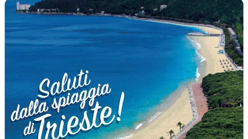 La cartolina con la spiaggia a Barcola con i saluti di Francesco Russo