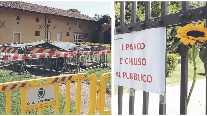 Le barriere posizionate davanti al pozzo all’interno del parco Coronini in cui spunta anche il coperchio; a destra i cancelli chiusi dello spazio verde dove qualcuno ha voluto lasciare un girasole Foto Pierluigi Bumbaca