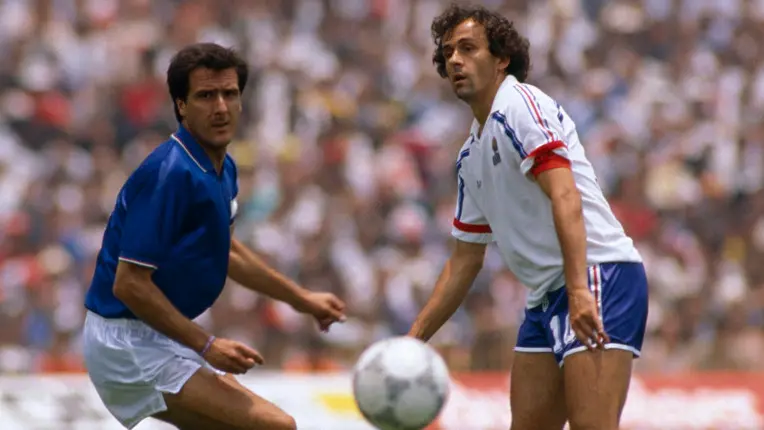 17 Jun 1986, Mexico --- 1986 FIFA World Cup, round of 16. France vs Italy. France won 2-0. Gaetano Scirea (Italy) and Michel Platini (France). --- Image by © Jean-Yves Ruszniewski/TempSport/Corbis