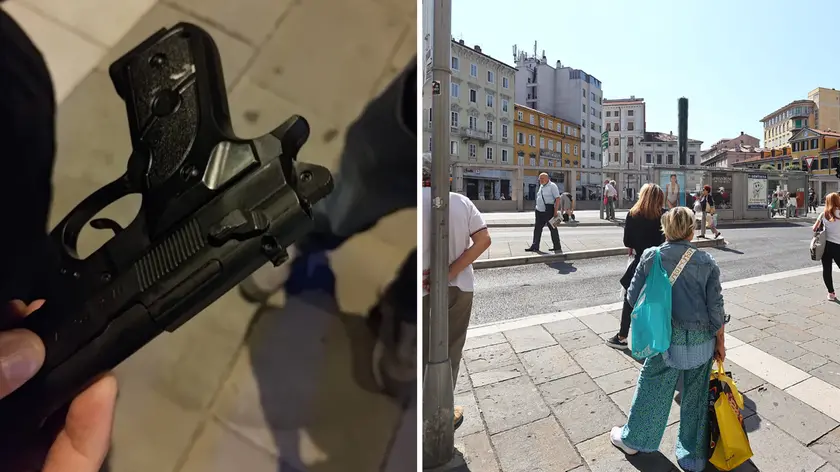 La finta pistola e uno scorcio di piazza Goldoni in una foto di archivio