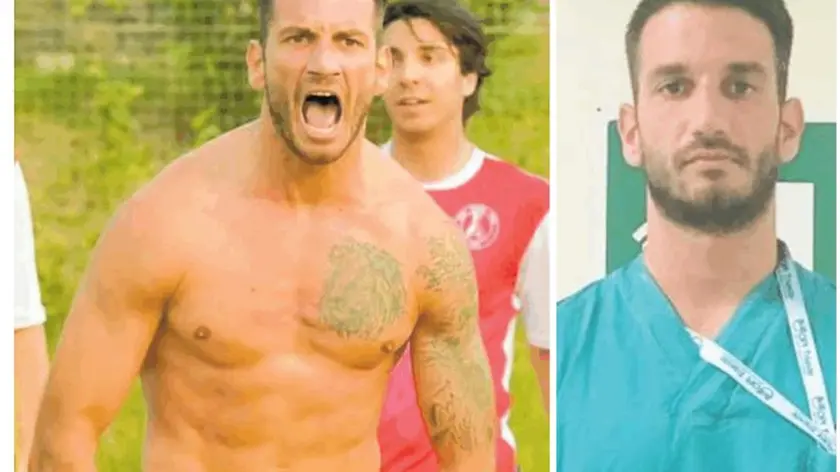 Michele Sabadin, a sinistra, dopo il gol realizzato con il Breg nei tempi supplementari del play-off contro l’Opicina Foto Francesco Bruni. A destra in divisa da infermiere